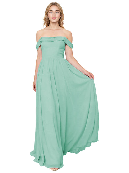 Off Shoulder Pleated Chiffon Bridesmaid Dress with Flowing A-Line Dress