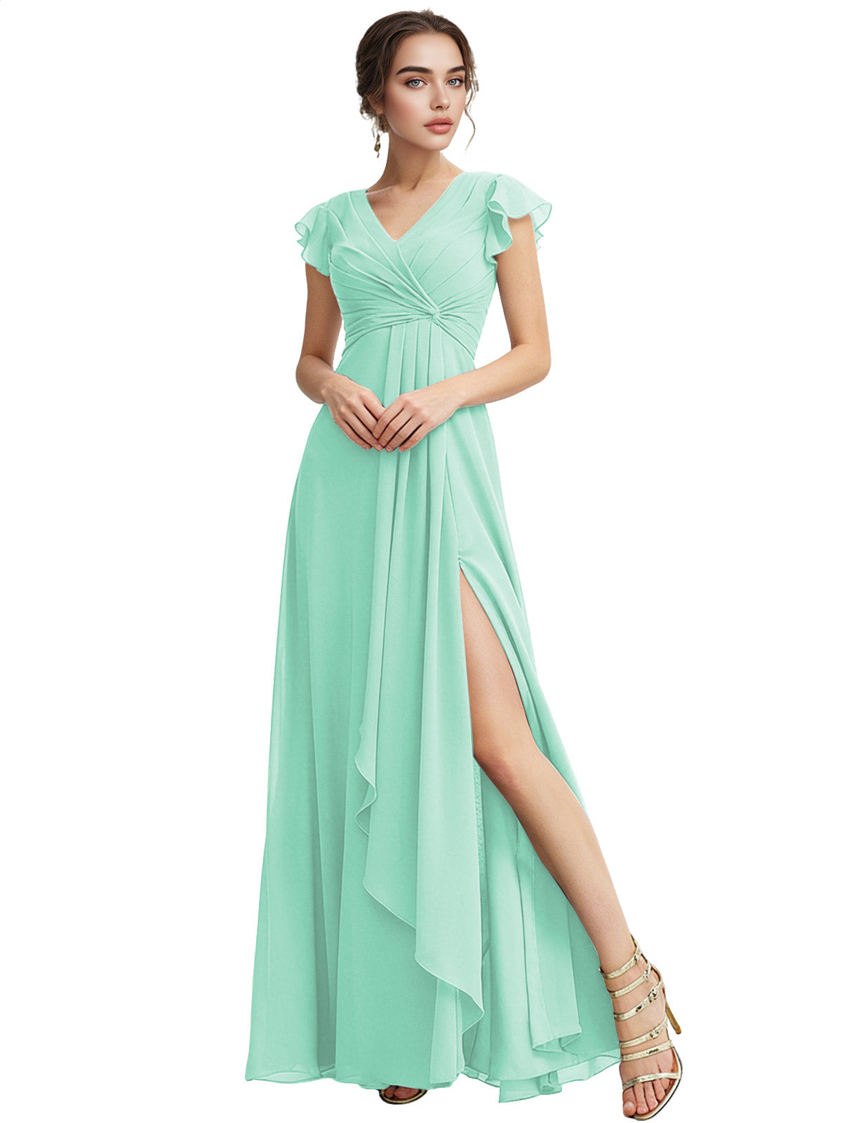 Cap Sleeve Chiffon Bridesmaid Dress with Ruffle V-Neck and Slit