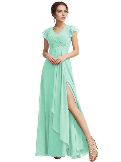Cap Sleeve Chiffon Bridesmaid Dress with Ruffle V-Neck and Slit