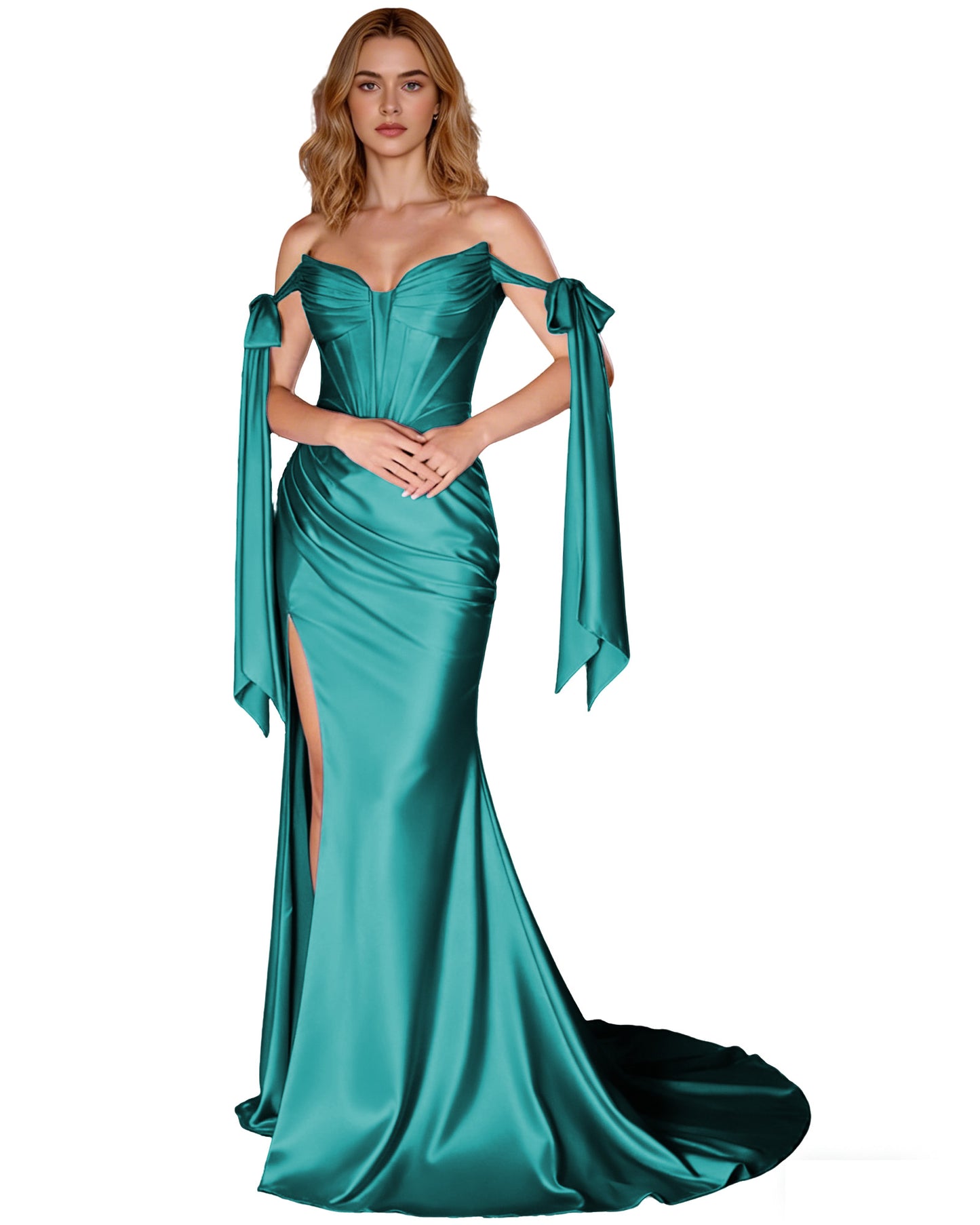 Off Shoulder Satin Mermaid Prom Dress with Detachable Long Sleeves