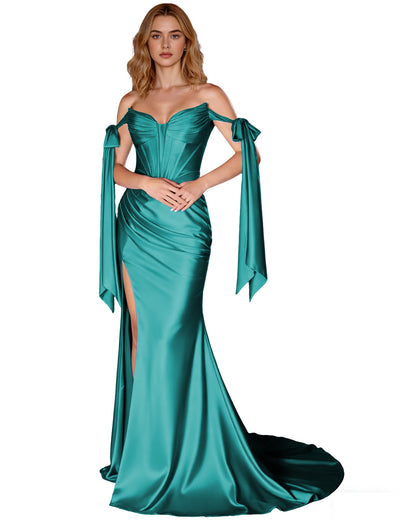 Off Shoulder Satin Mermaid Prom Dress with Detachable Long Sleeves