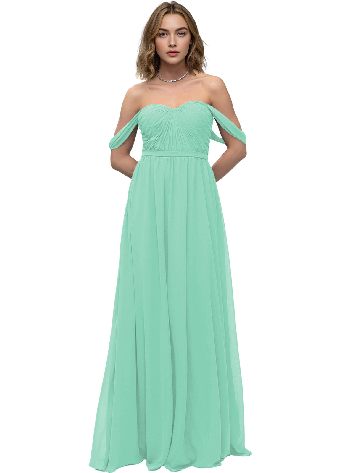 Off Shoulder Sweetheart Chiffon Bridesmaid Dress with Ruched Bodice