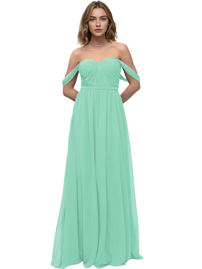Off Shoulder Sweetheart Chiffon Bridesmaid Dress with Ruched Bodice