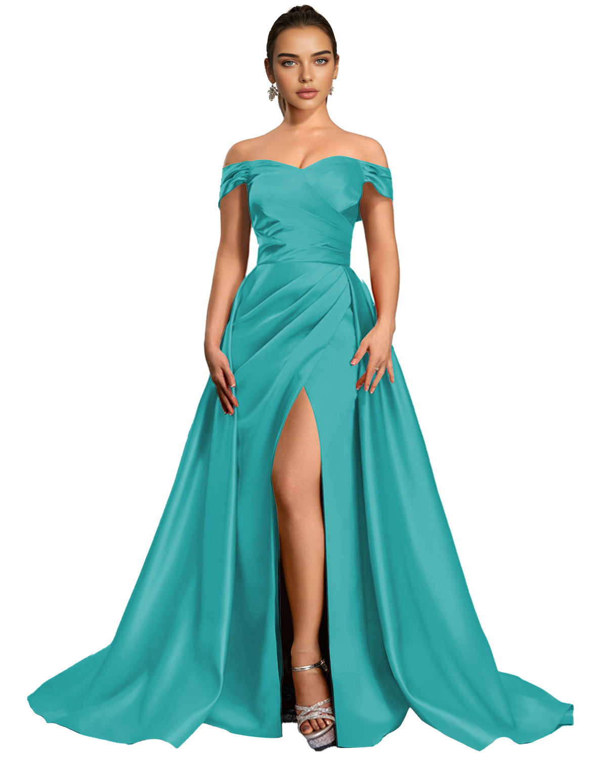 Off Shoulder Satin Ball Gown Prom Dress with Draped Bodice and Slit