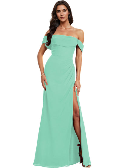 Off Shoulder Crepe Bridesmaid Dress with Foldover Neckline and Slit