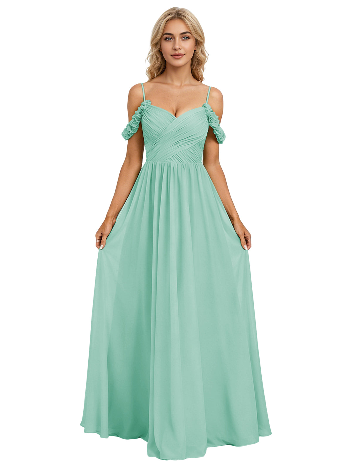 Off Shoulder Lace Applique Bridesmaid Dress with Flowing Chiffon dress