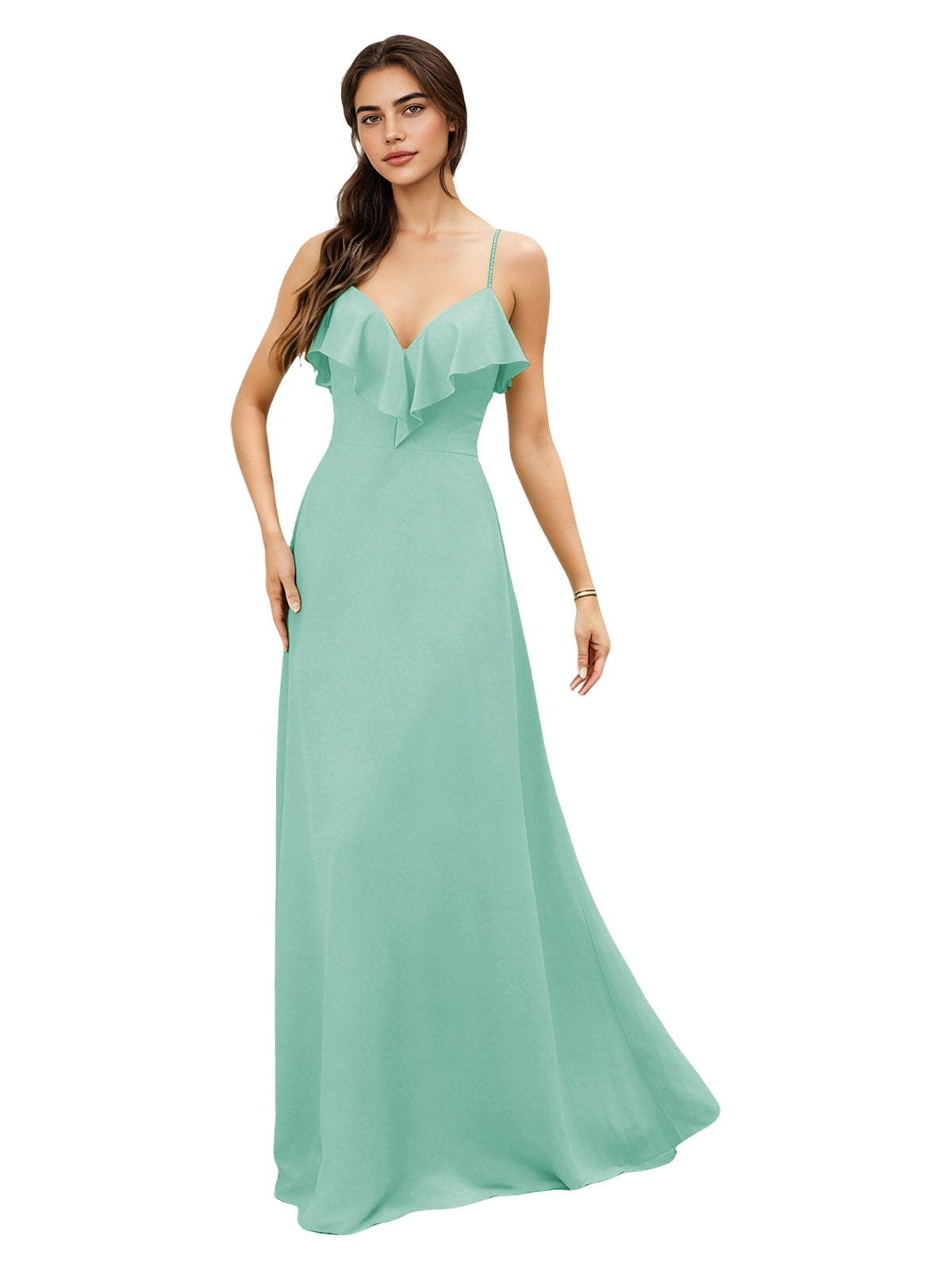 Ruffle V-Neck Chiffon Bridesmaid Dress with Spaghetti Straps