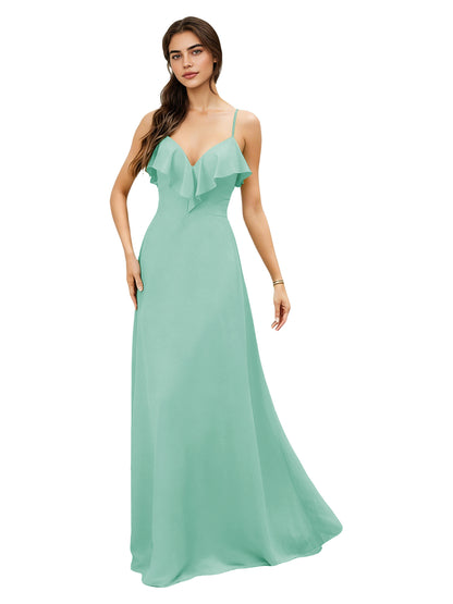 Ruffle V-Neck Chiffon Bridesmaid Dress with Spaghetti Straps