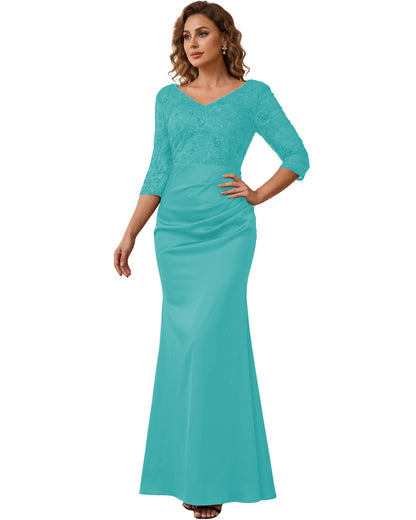 Mother of the Bride Dress Long Lace Mermaid Formal Gown with 3/4 Sleeves