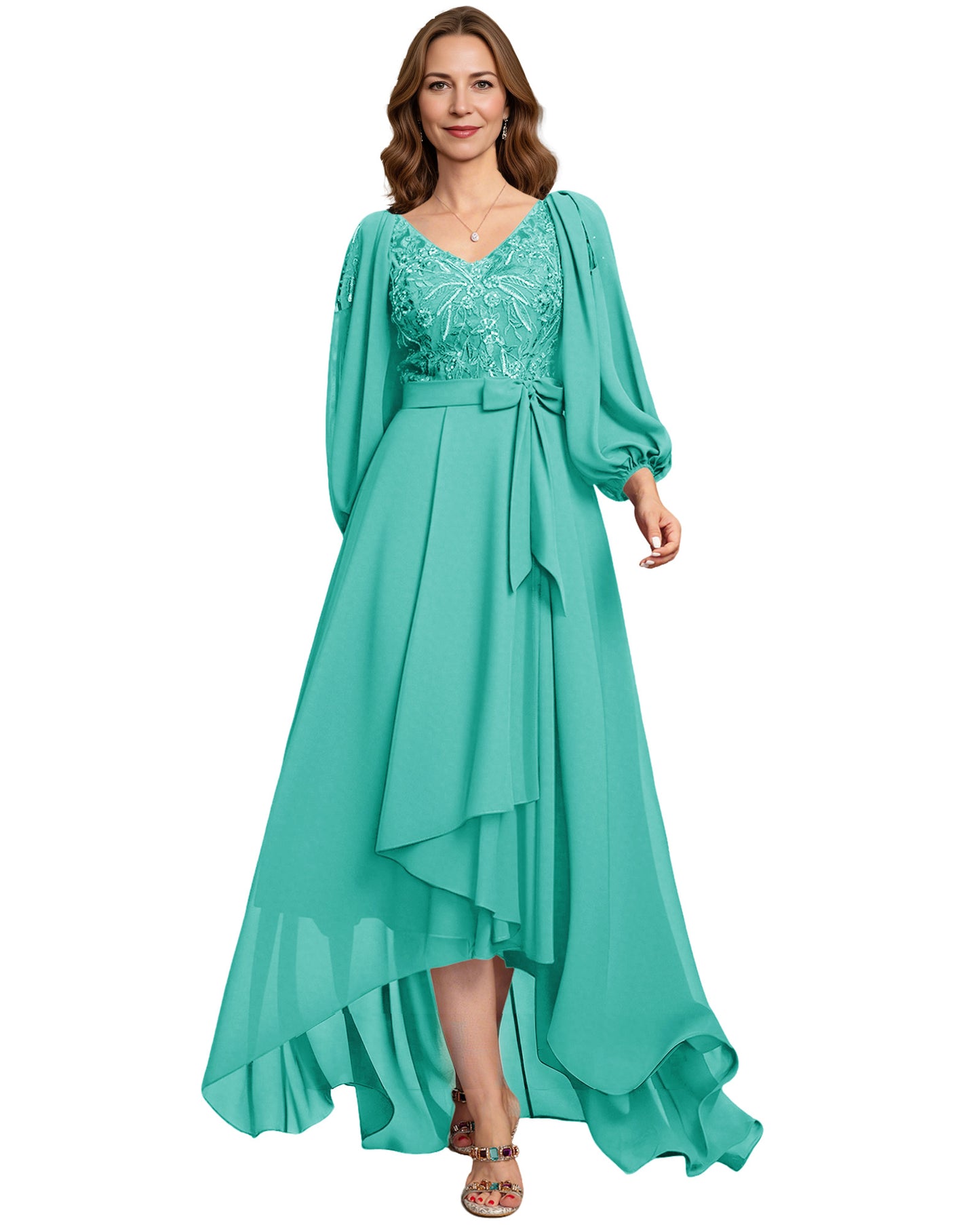 High Low Mother of the Bride Dress Lace Bodice Chiffon Jacket Formal Wedding Gown