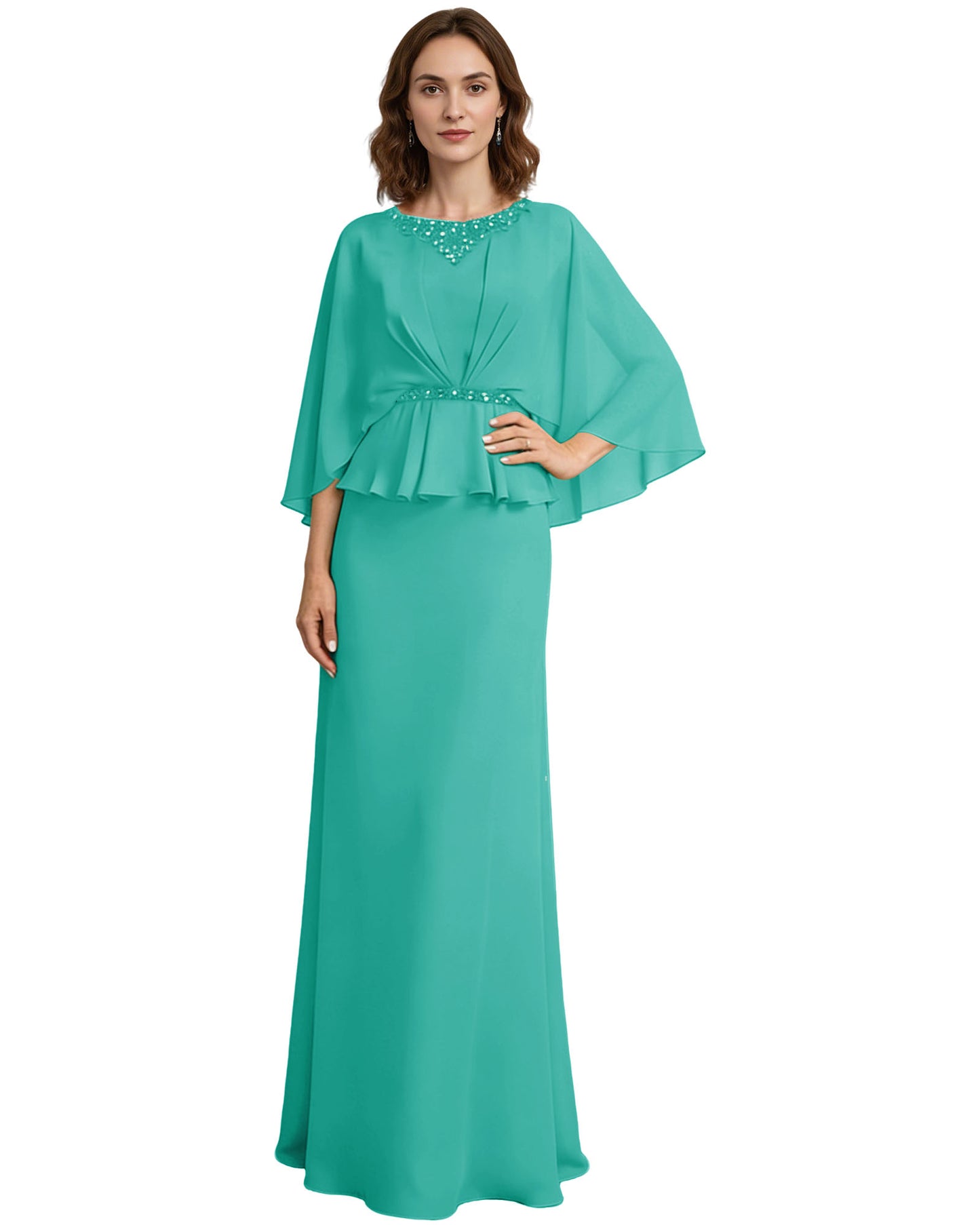 Capelet Mother of the Bride Dress Long Beaded Neck Peplum Chiffon Formal Gown