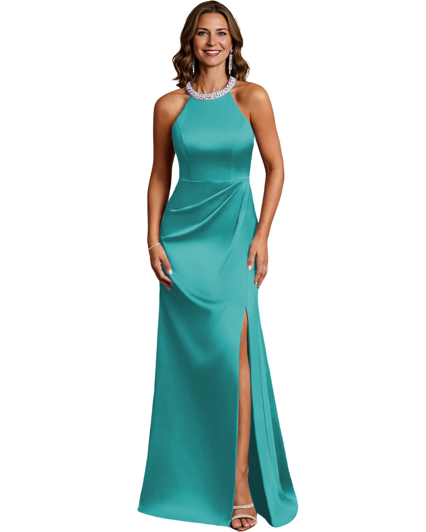Halter Neck Mother of the Bride Dress Satin Mermaid Gown with Beaded Collar and Slit