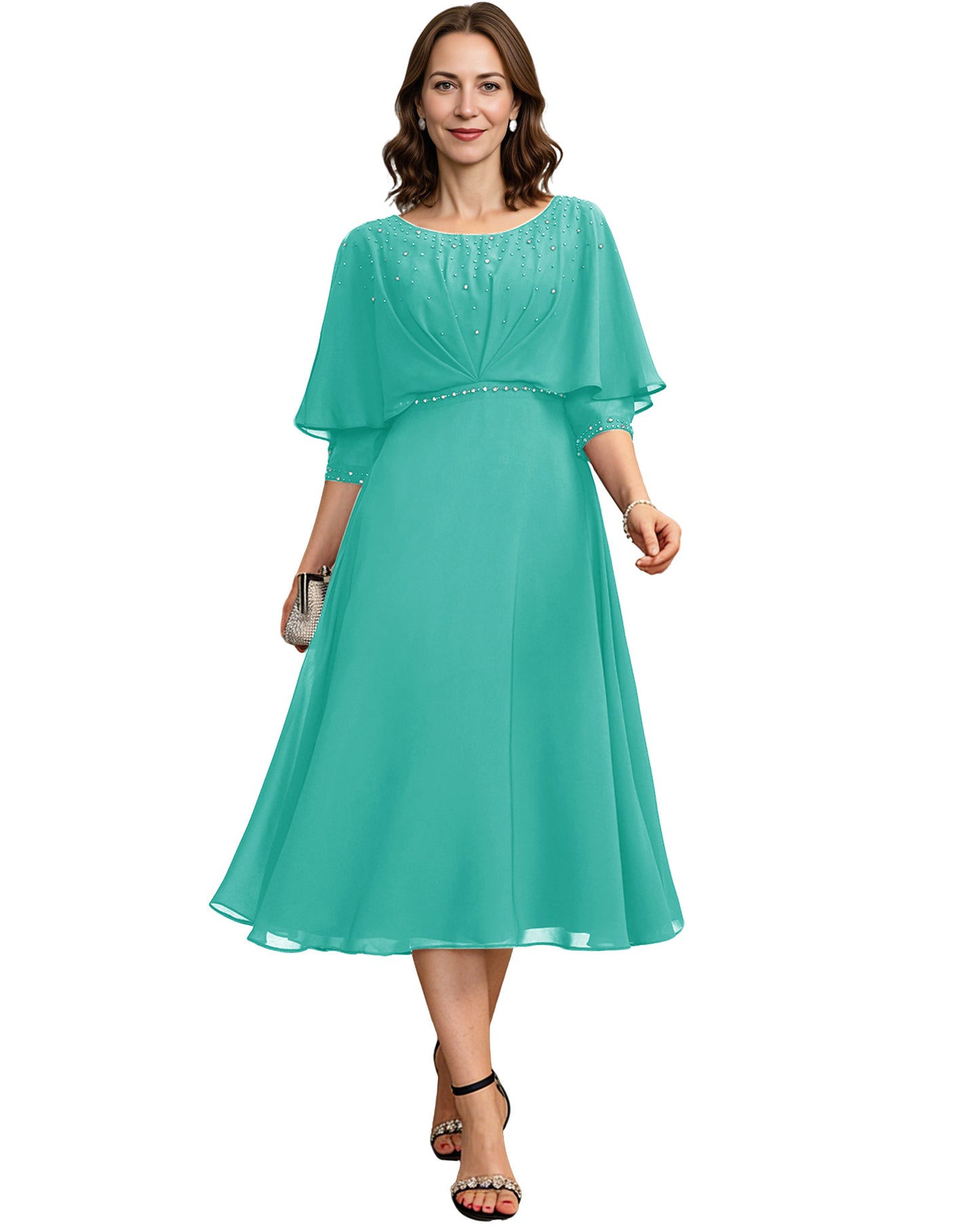 Beaded Cape Mother of the Bride Dress Tea Length Chiffon A-Line Formal Guest Gown