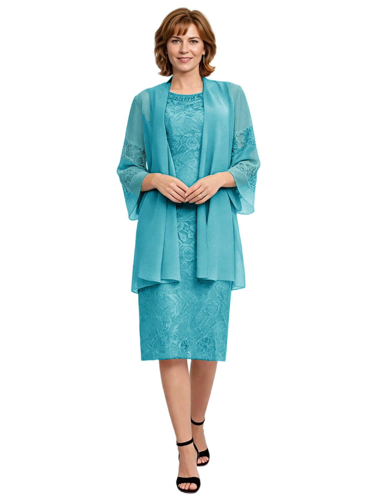 Mother of the Bride Dress with Jacket Knee Length Lace Formal Wedding Guest Outfit