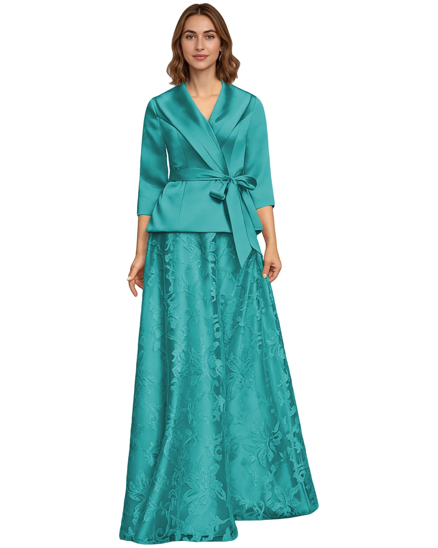 Two Piece Mother of the Bride Dress Satin Wrap Top Embroidered Long Skirt Formal Set