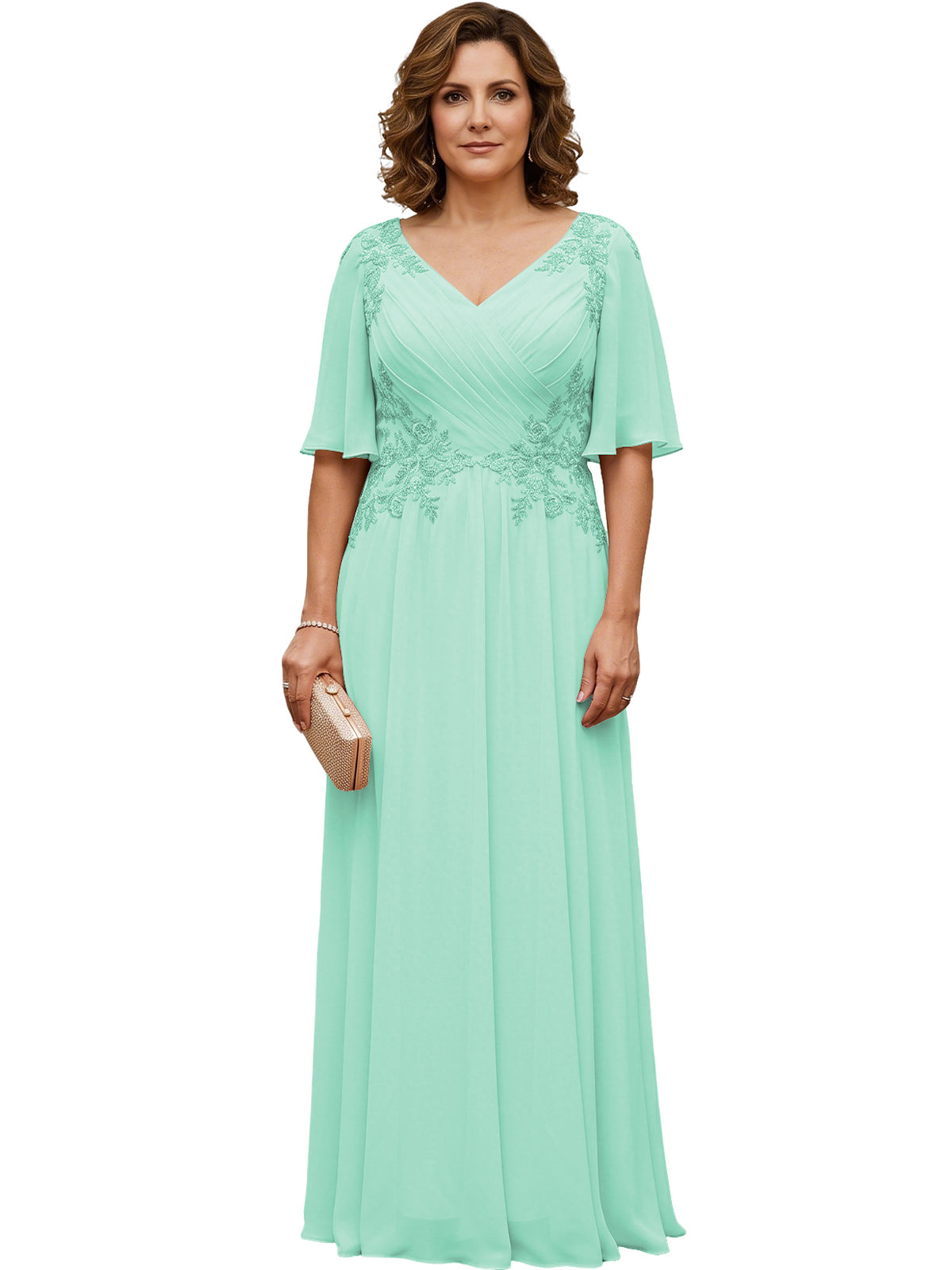 Mother of the Bride Dress Long Chiffon A-Line Gown with Flutter Sleeves and Beaded Lace