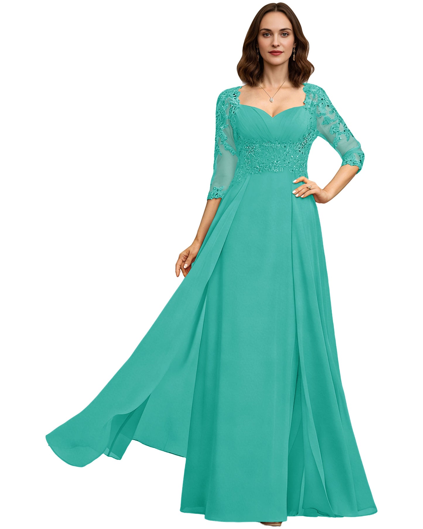 Long Sweetheart Mother of the Bride Dress Lace 3/4 Sleeve Chiffon A-Line Gown