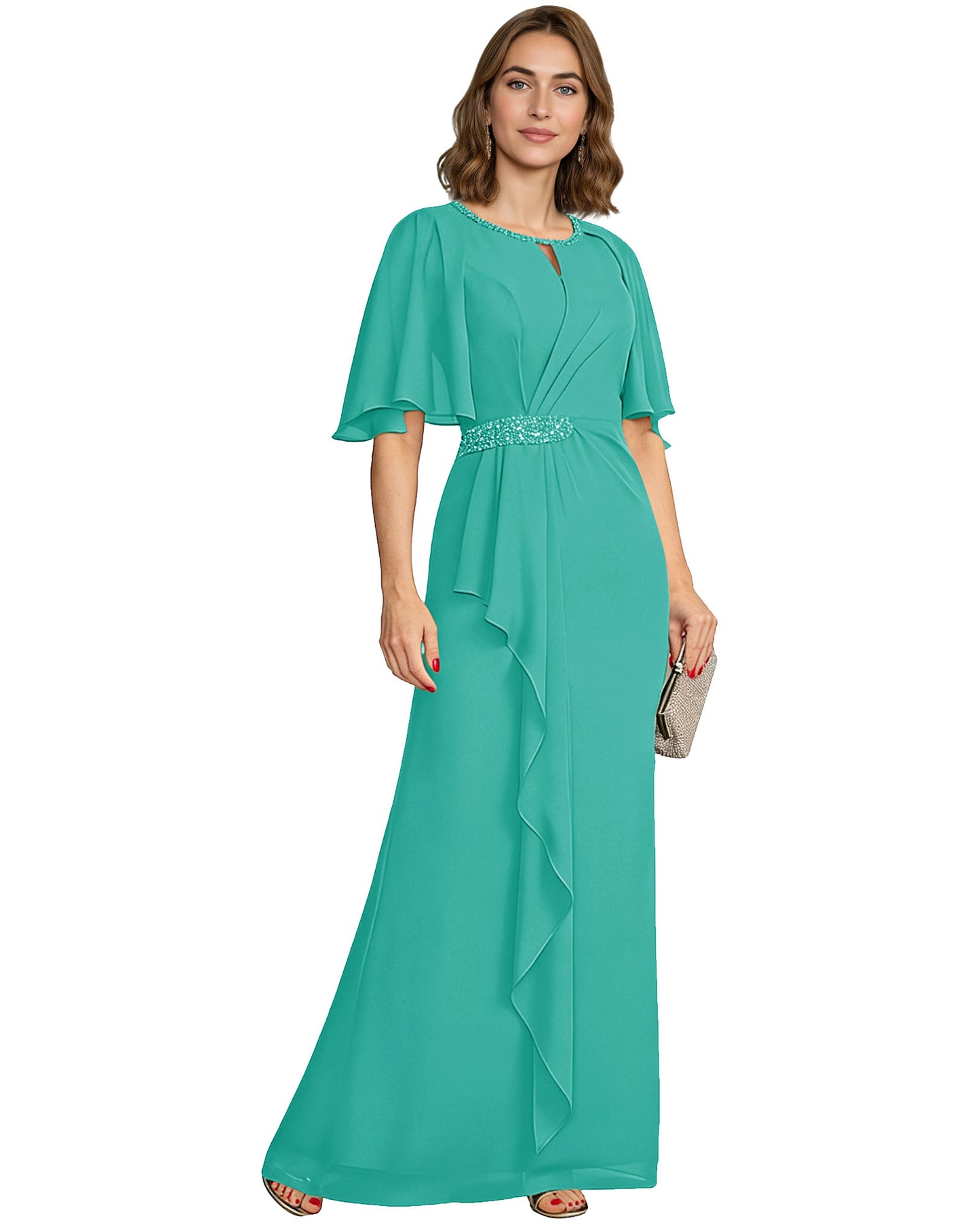 Long Mother of the Bride Dress Chiffon Flutter Sleeve Beaded Waist Formal A-Line Gown