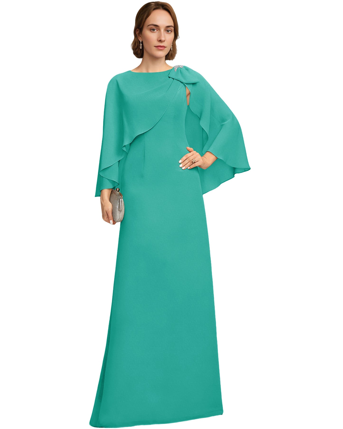 Long Cape Sleeve Mother of the Bride Dress Jewel Neck Chiffon Column Gown with Bow Detail