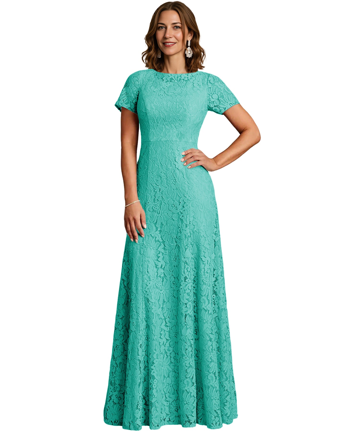 Long Lace Mother of the Bride Dress Short Sleeve Mermaid Gown with Crew Neckline