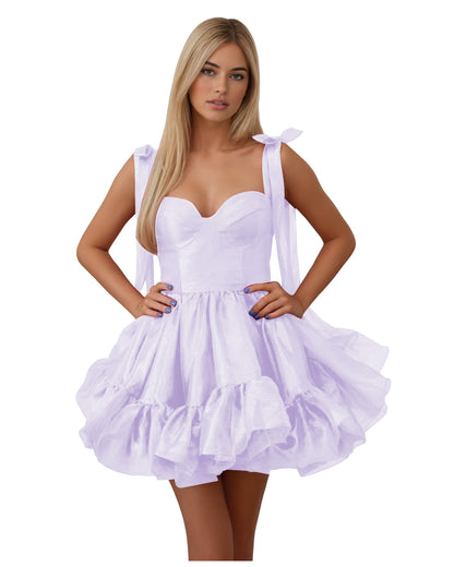 Bow Shoulder Satin Corset Ruffle Homecoming Dress
