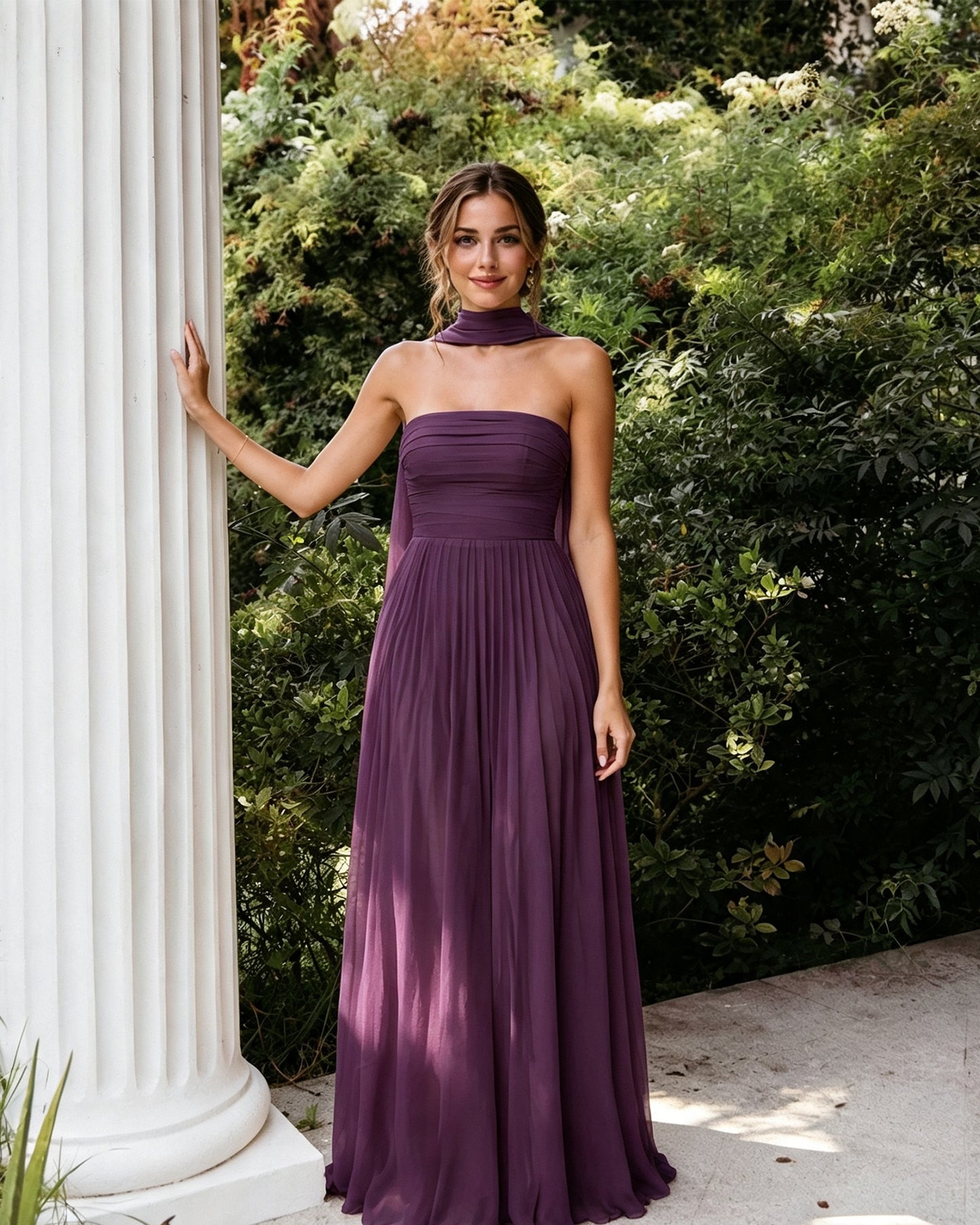 Strapless Chiffon A-Line Bridesmaid Dress with Neck Scarf and Lace-Up Back