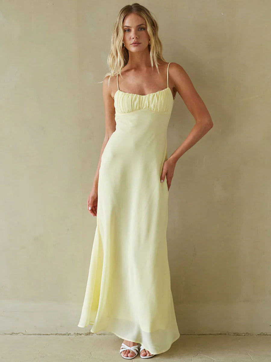 Yellow Spaghetti Strap Sheath Chiffon Maxi Formal Dress