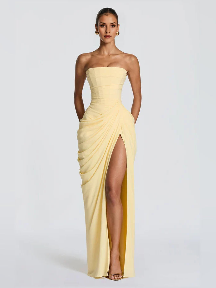 Ruched Draped Slit Strapless Sheath Maxi Chiffon Bridesmaid Dress for Destination Wedding