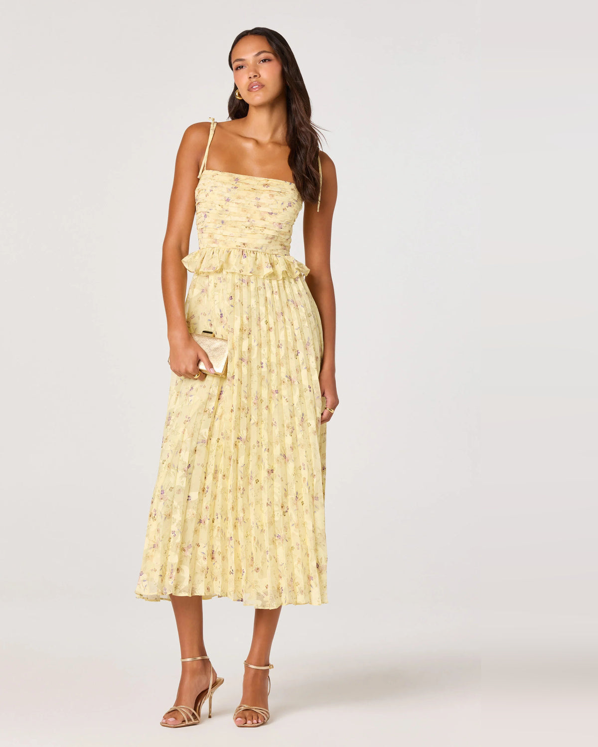 Pleated Floral Print Spaghetti Strap A-Line Midi Homecoming Dress for Cocktail Party