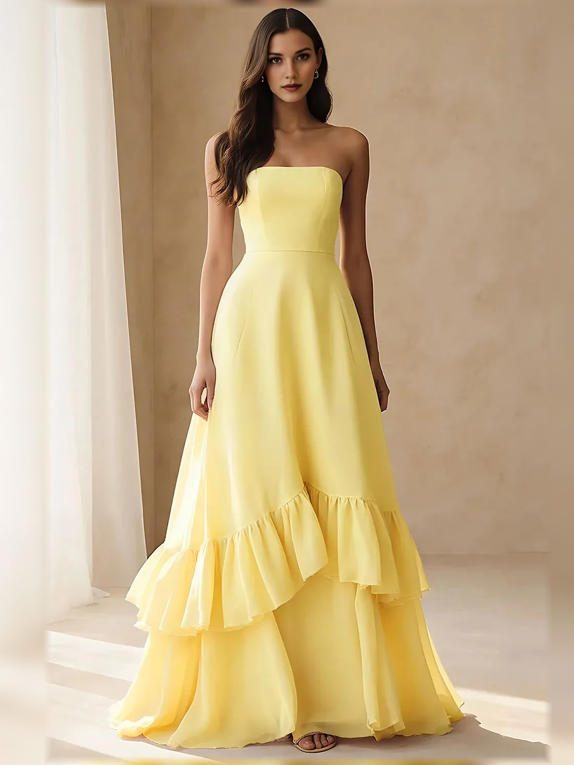 Strapless Tiered Ruffle Chiffon A-Line Formal Dress