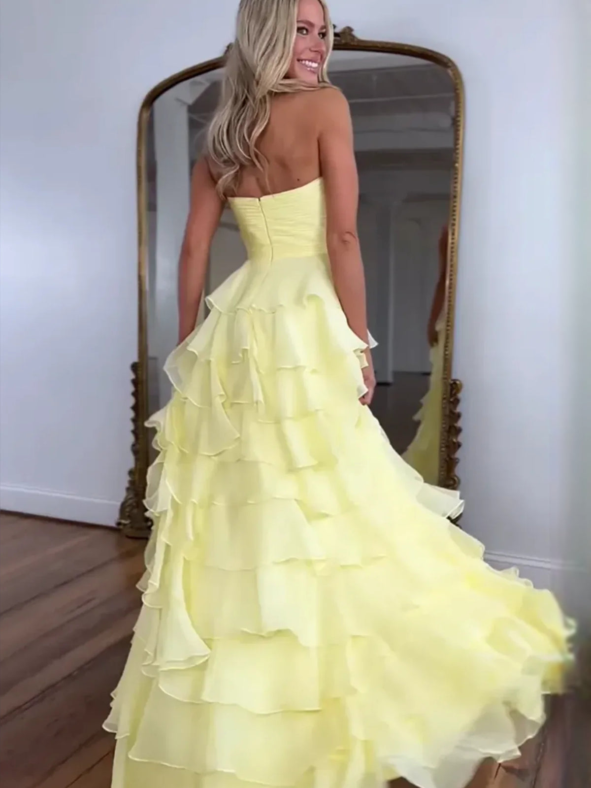 Tiered Ruffled Slit Sweetheart A-Line Floor-Length Chiffon Prom Dress for Formal Party