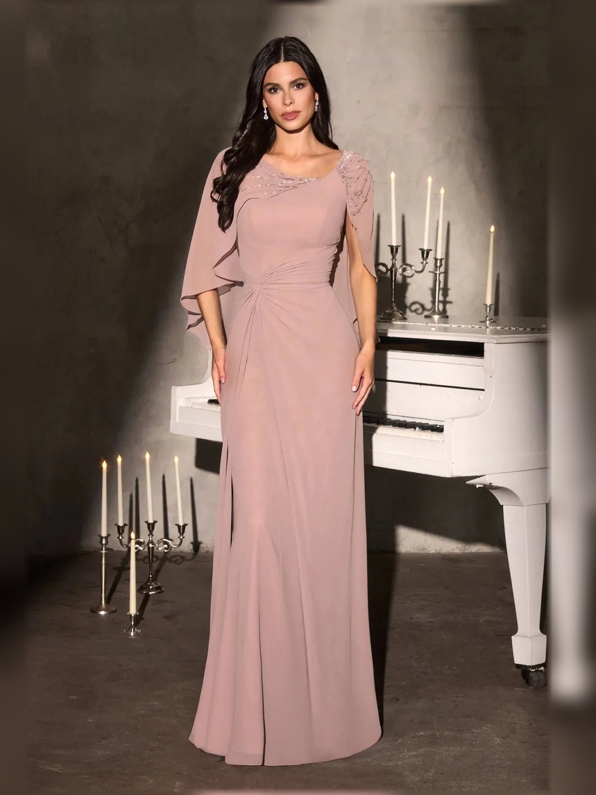 Ruched Crystal Scoop Neck Column Floor-Length Chiffon Mother of the Bride Dress for Formal Reception