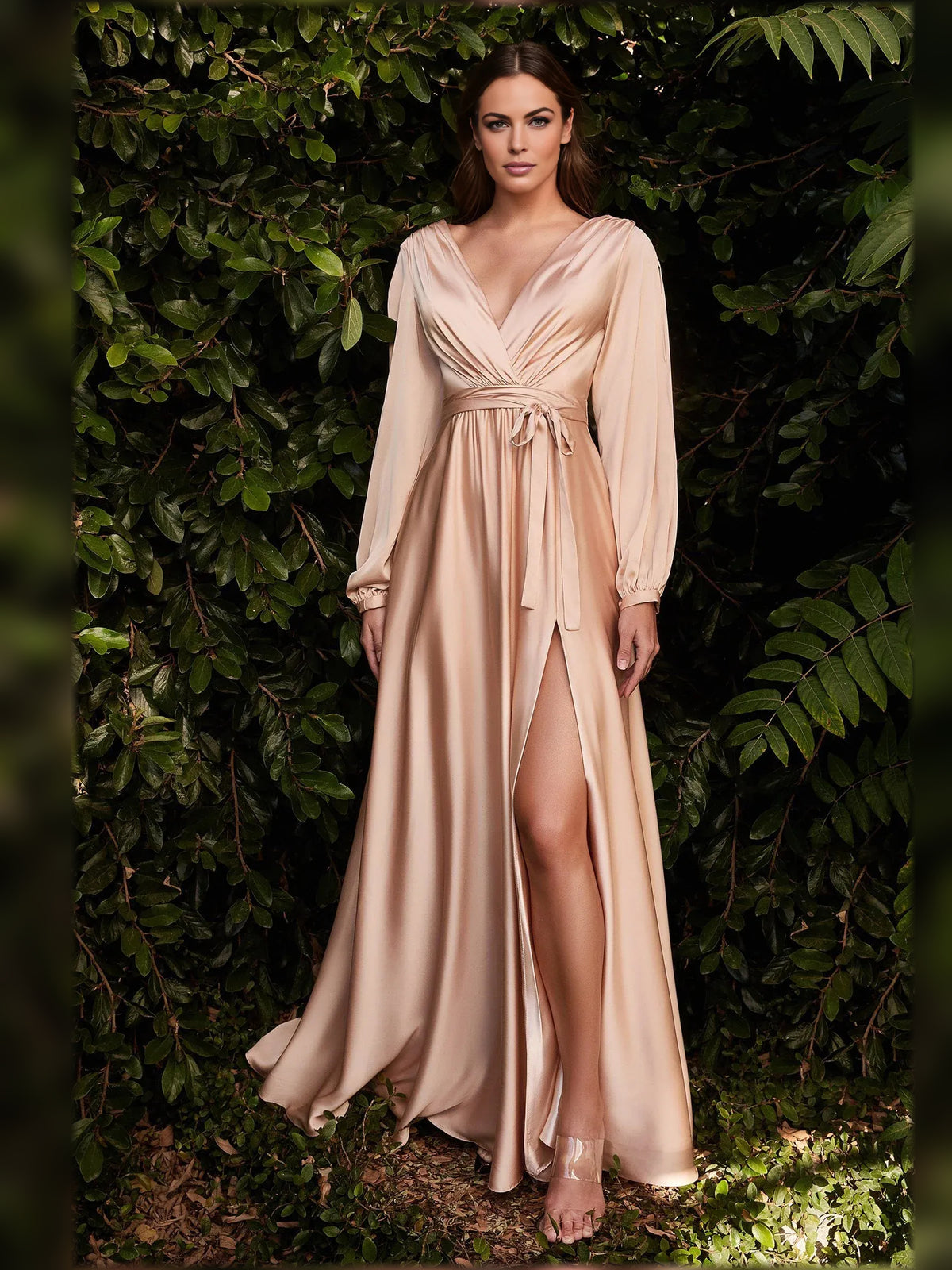 V Neck Long Sleeves Pleats Floor-Length Formal Dress