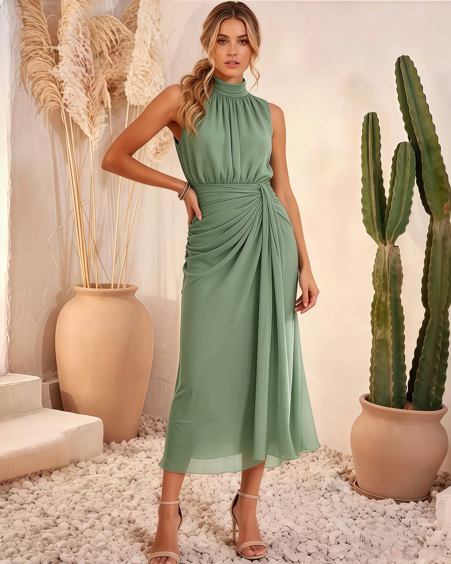 High Neck Chiffon Midi Formal Dress with Ruched Waist