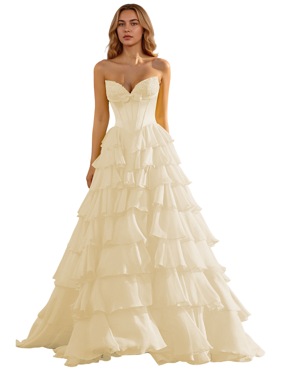 Strapless Tiered Organza Ball Gown Prom Dress with Corset Top