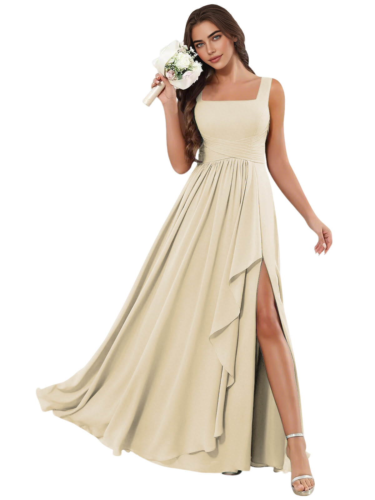 Square Neck Chiffon Bridesmaid Dress with Corset Back and Slit