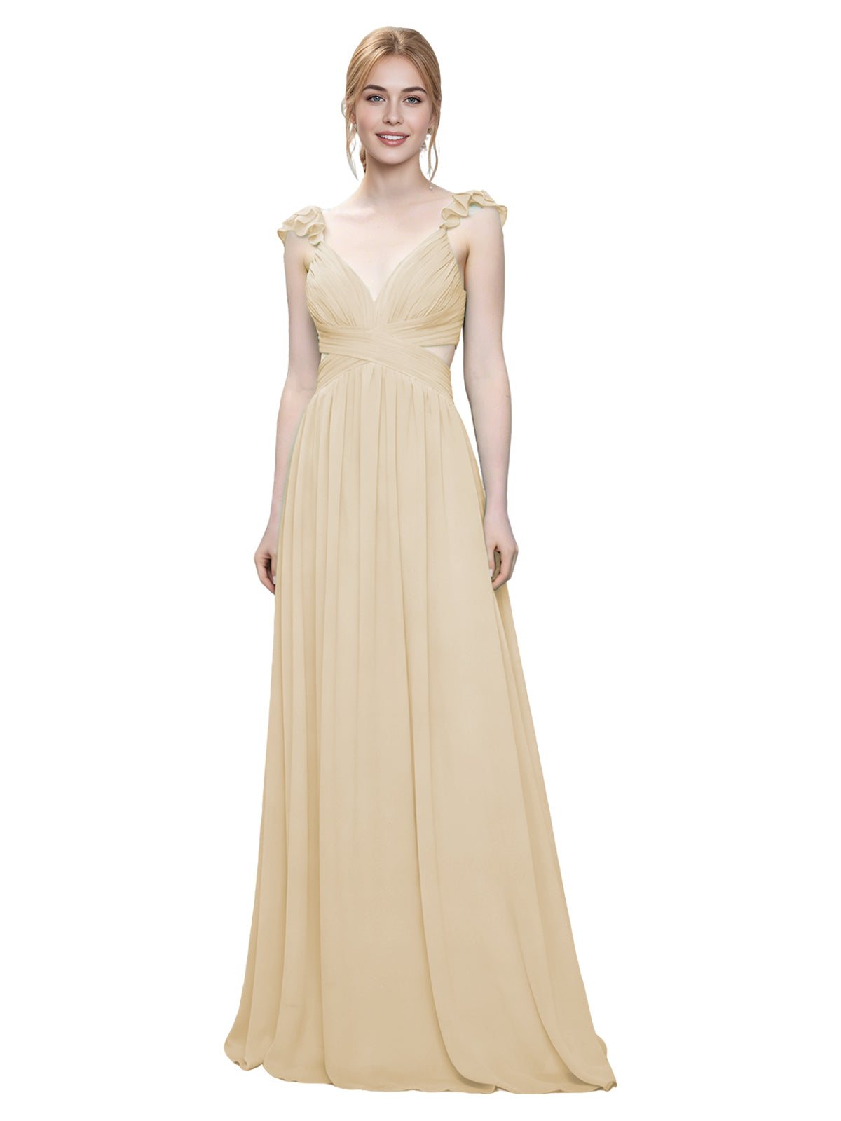Ruffle Strap V-Neck Tulle Bridesmaid Dress with Pleated Waist