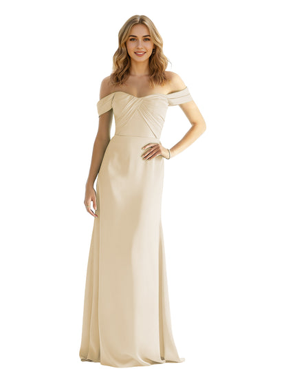Sweetheart Off Shoulder Satin Bridesmaid Dress with Wrapped Bodice