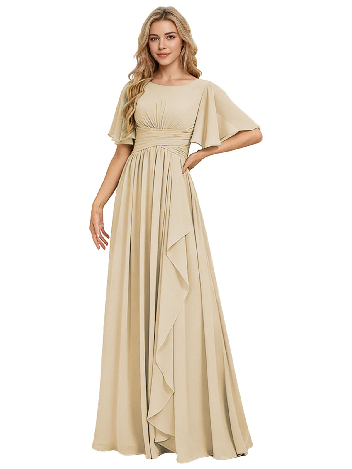 Flutter Sleeve Chiffon Bridesmaid Dress with Tiered Front Ruffle