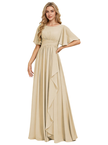 Flutter Sleeve Chiffon Bridesmaid Dress with Tiered Front Ruffle