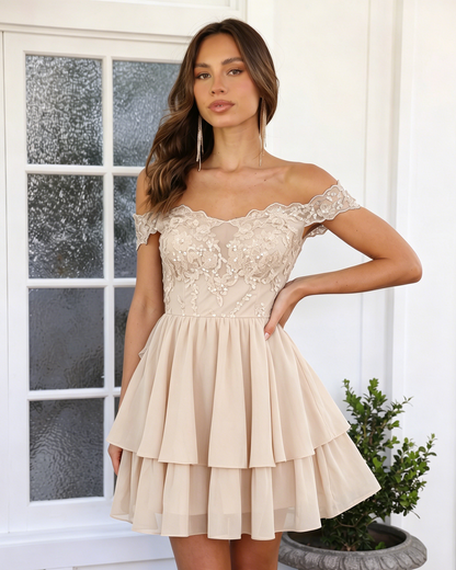 Off Shoulder Lace A-Line Homecoming Dress with Tiered Skirt