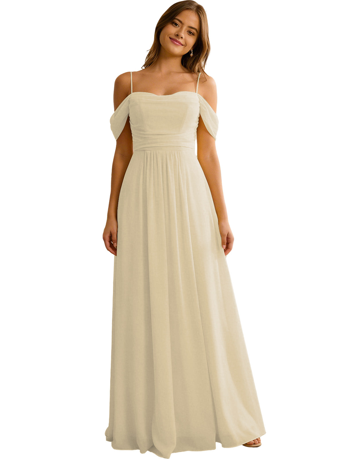 Off Shoulder Chiffon Bridesmaid Dress with Soft Pleated Bodice