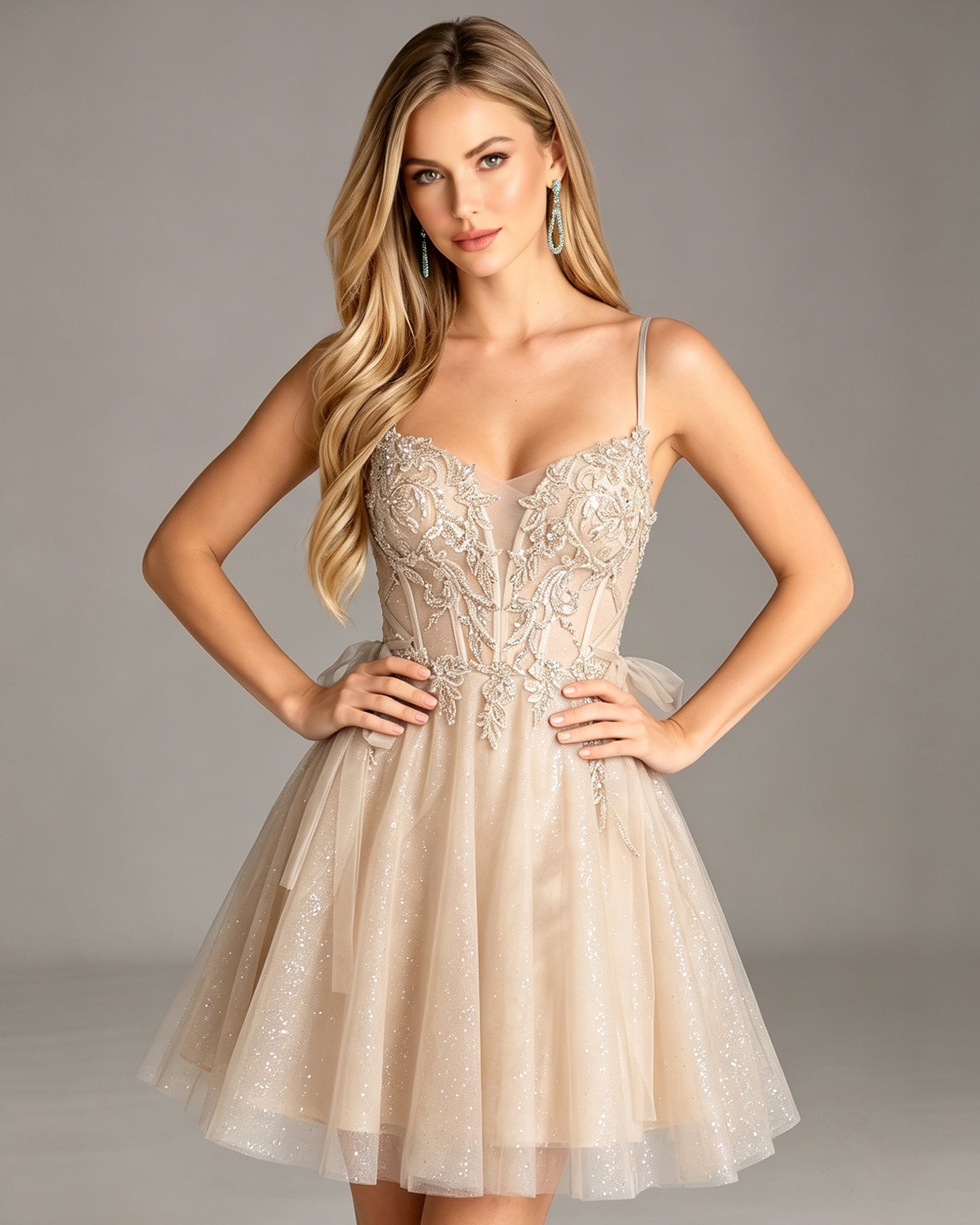 Sheer Corset Lace Applique Glitter Tulle Homecoming Dress