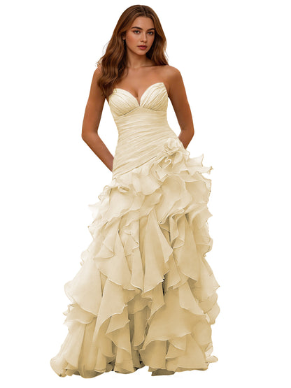 Strapless Organza Ruffle Ball Gown Prom Dress with Draped Corset Bodice