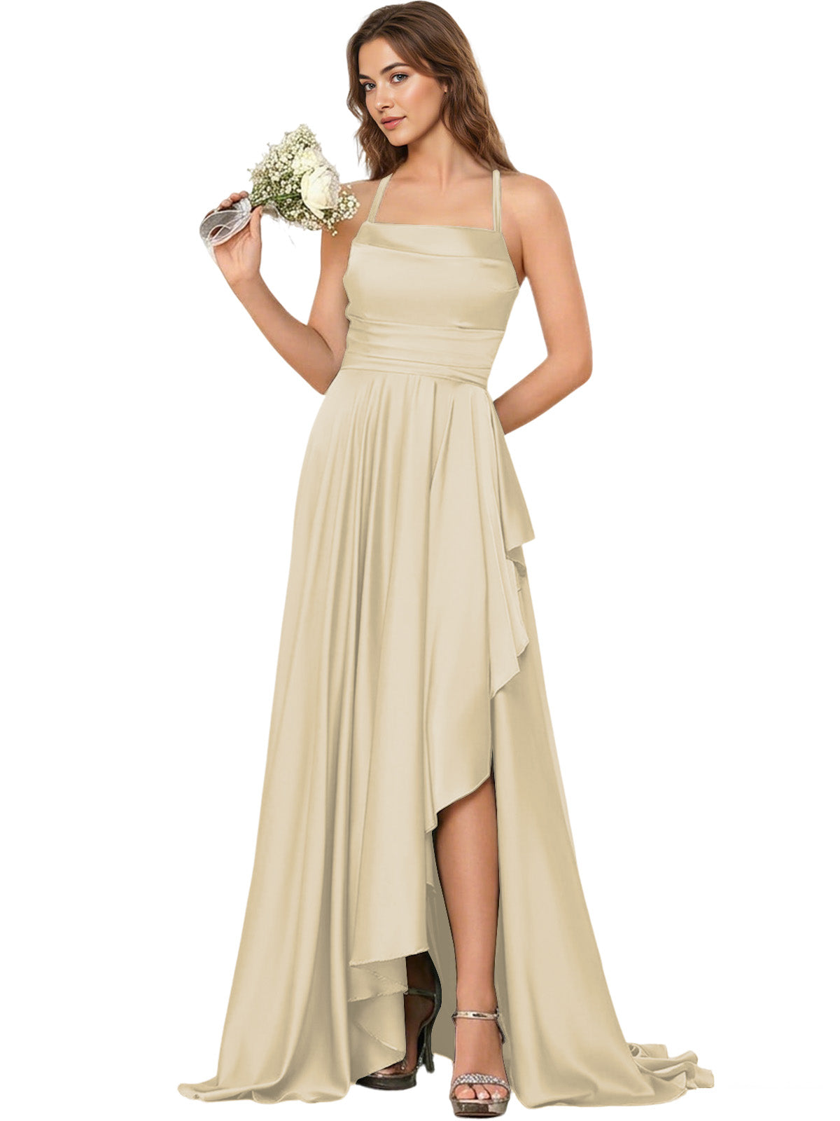 Open Back Halter Bridesmaid Dress with High Low Overlay dress