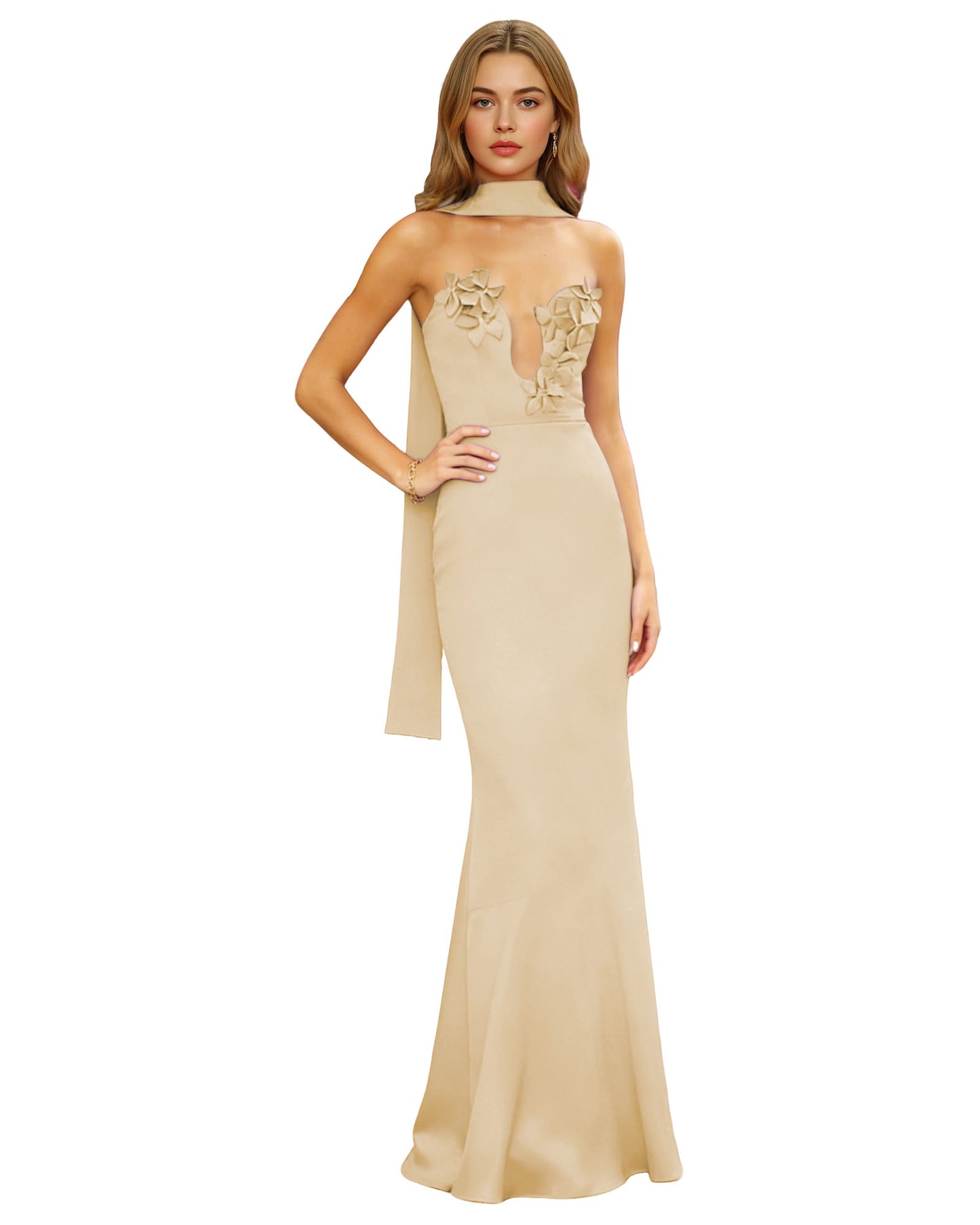 Halter Neck Satin Column Prom Dress with Illusion Cutout and Open Back
