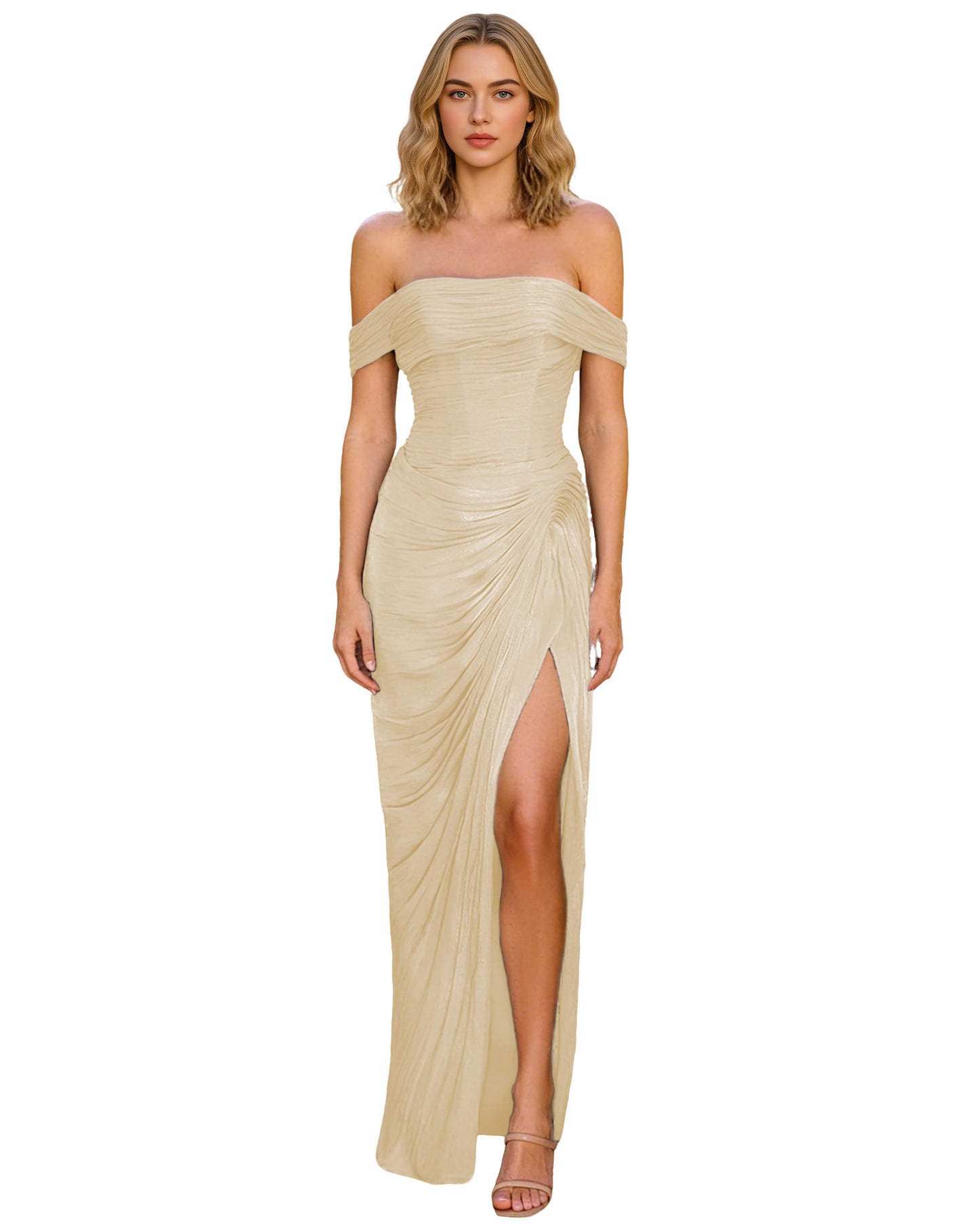 Off Shoulder Ruched Jersey Prom Dress with Wrap Bodice and High Slit