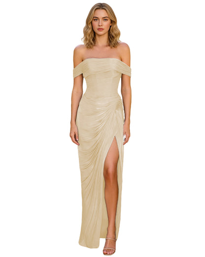 Off Shoulder Ruched Jersey Prom Dress with Wrap Bodice and High Slit