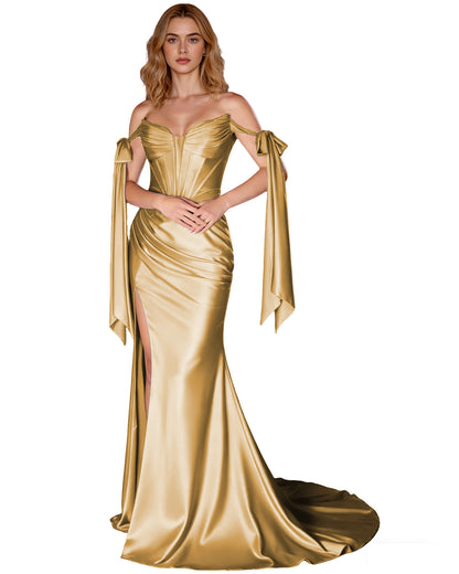 Off Shoulder Satin Mermaid Prom Dress with Detachable Long Sleeves