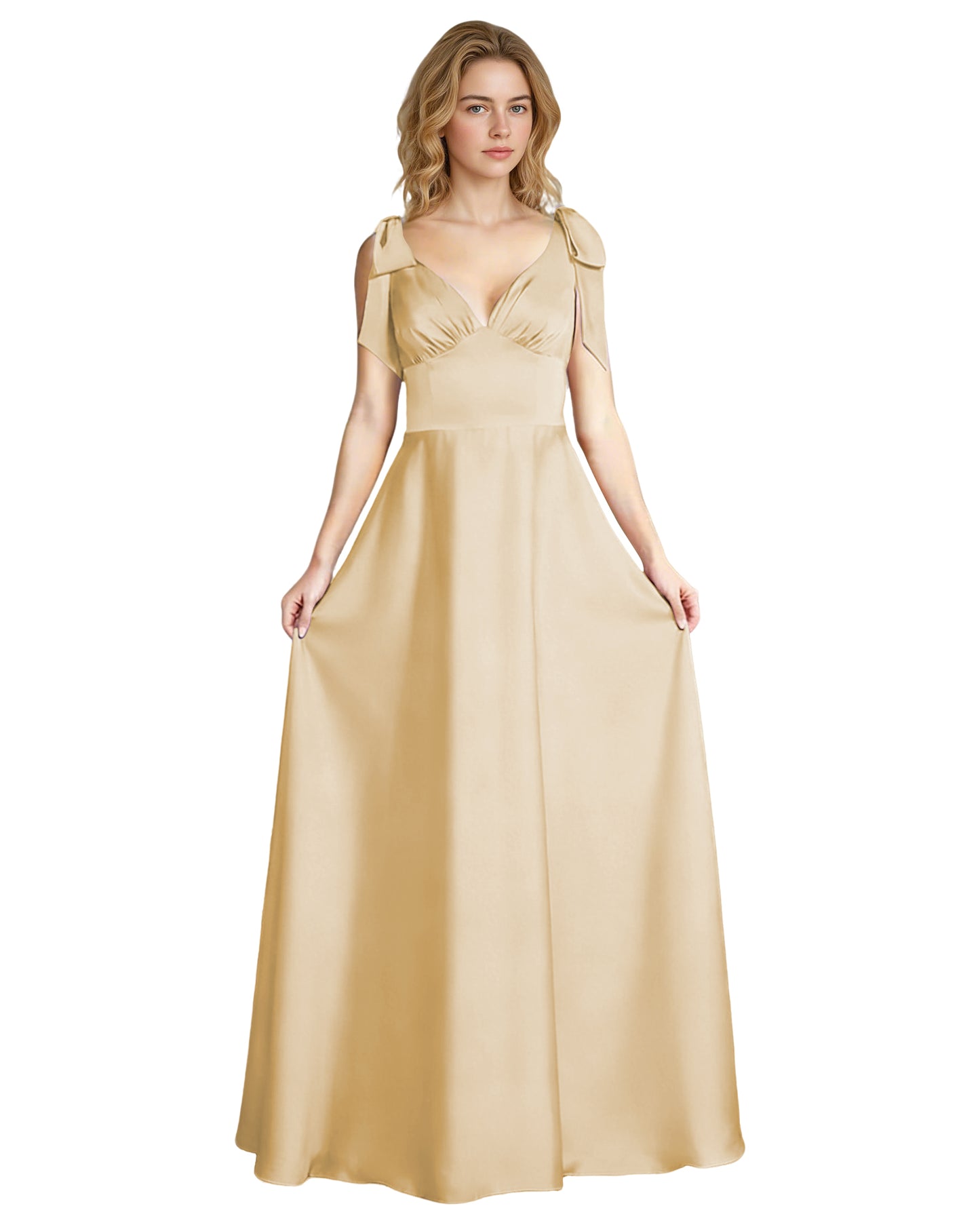 V-Neck Bow Strap Satin Bridesmaid Dress with Empire Waist